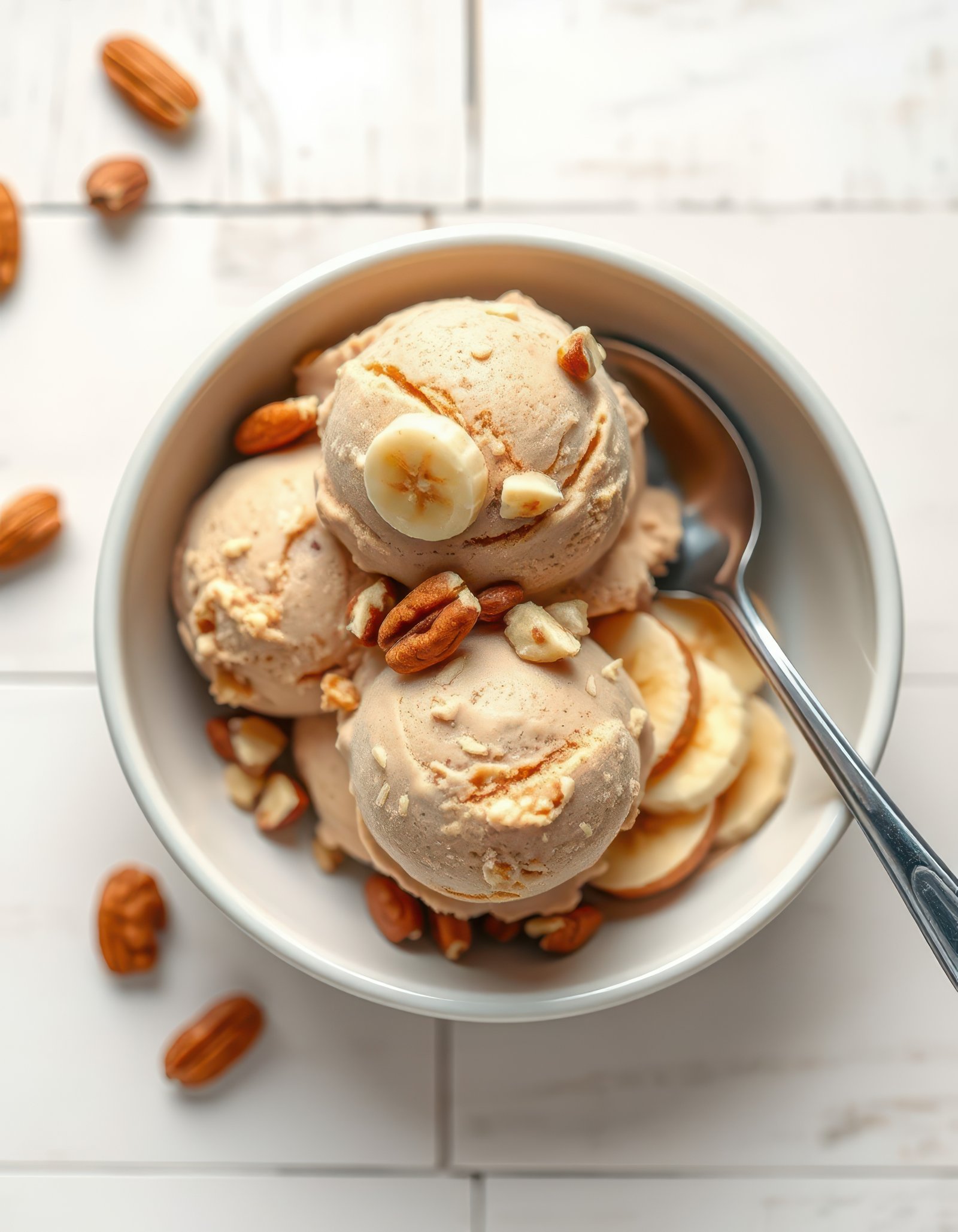 Delicious bowl of creamy ice cream topped with nuts and banana slices enjoyed at a cozy kitchen table